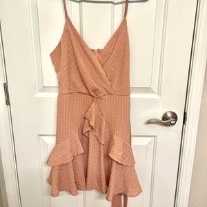 Ruffled Fit & Flare Dress. Tie at Waist. Mauve